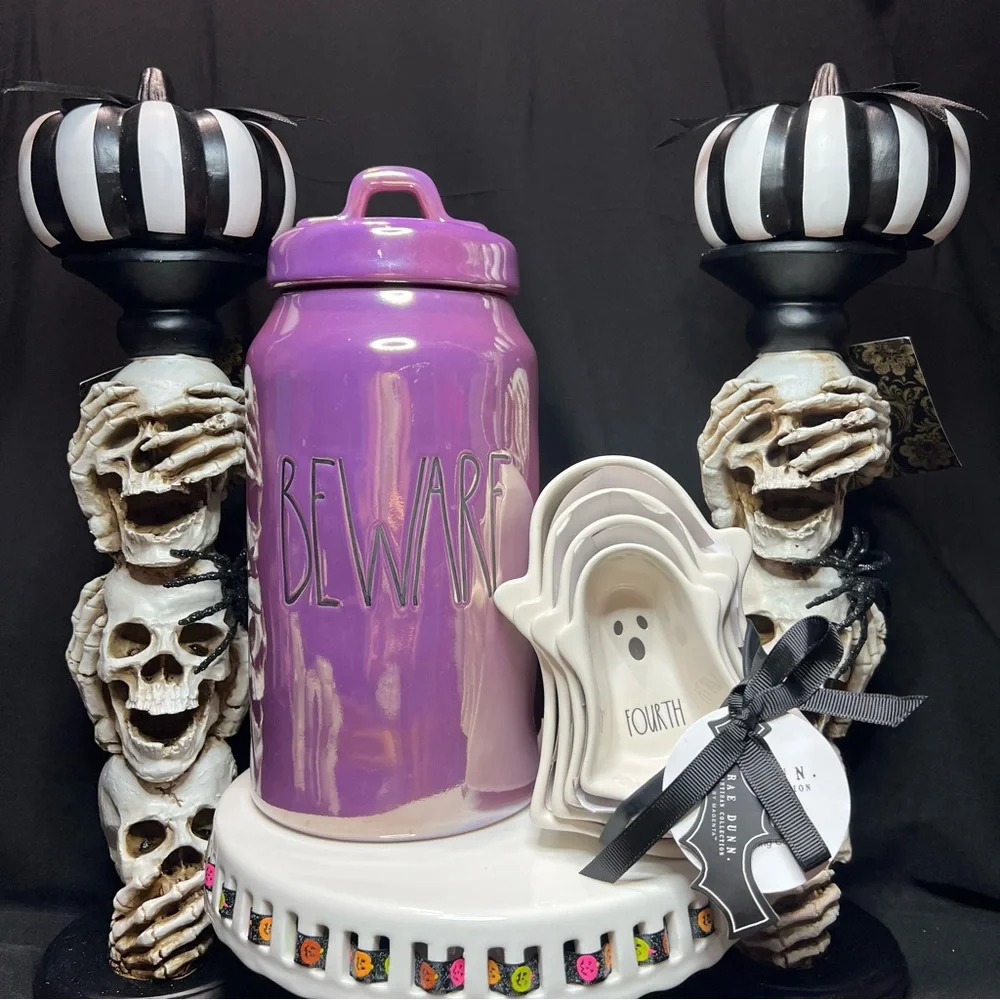 Rae Dunn Halloween 2024 Purple Luster Beware Canister & Ghost Measuring Cups - Picture 1 of 15